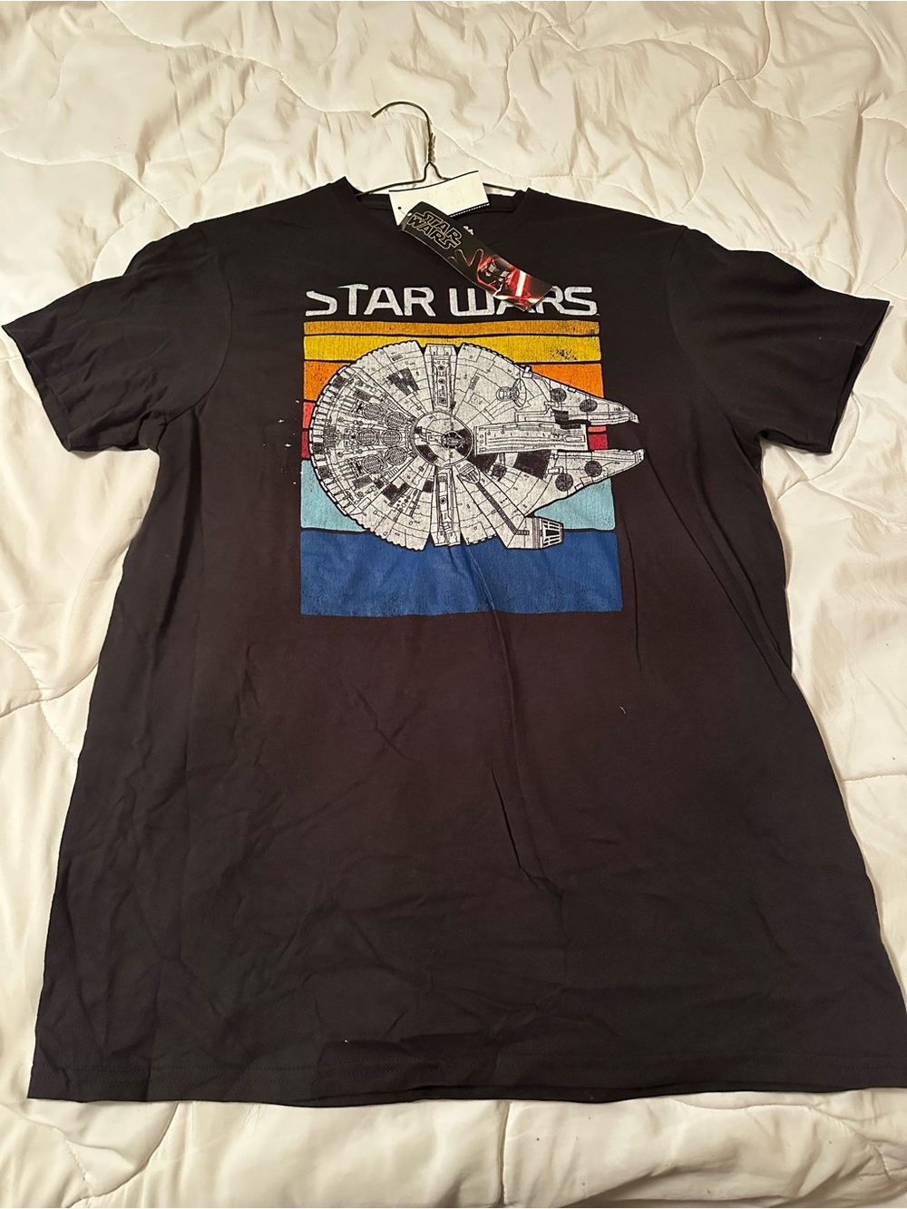 Star Wars Black Tee with Millennium Falcon and Retro Color Blocks